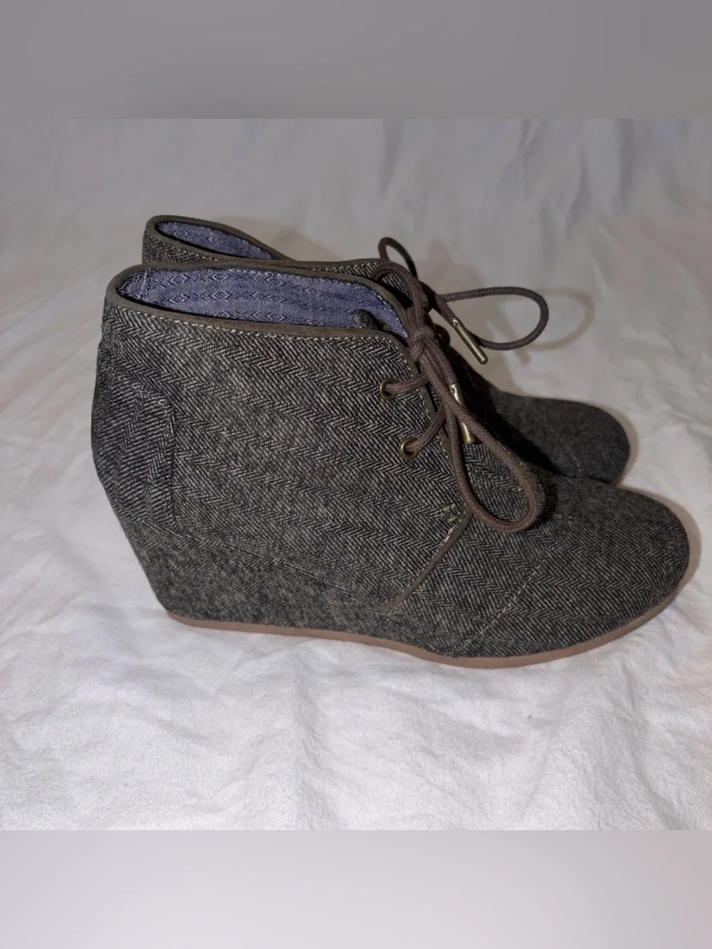 Toms Desert Wedge Herringbone Bootie Ankle Boots Shoes Gray Lace Up Fabric sz7.5